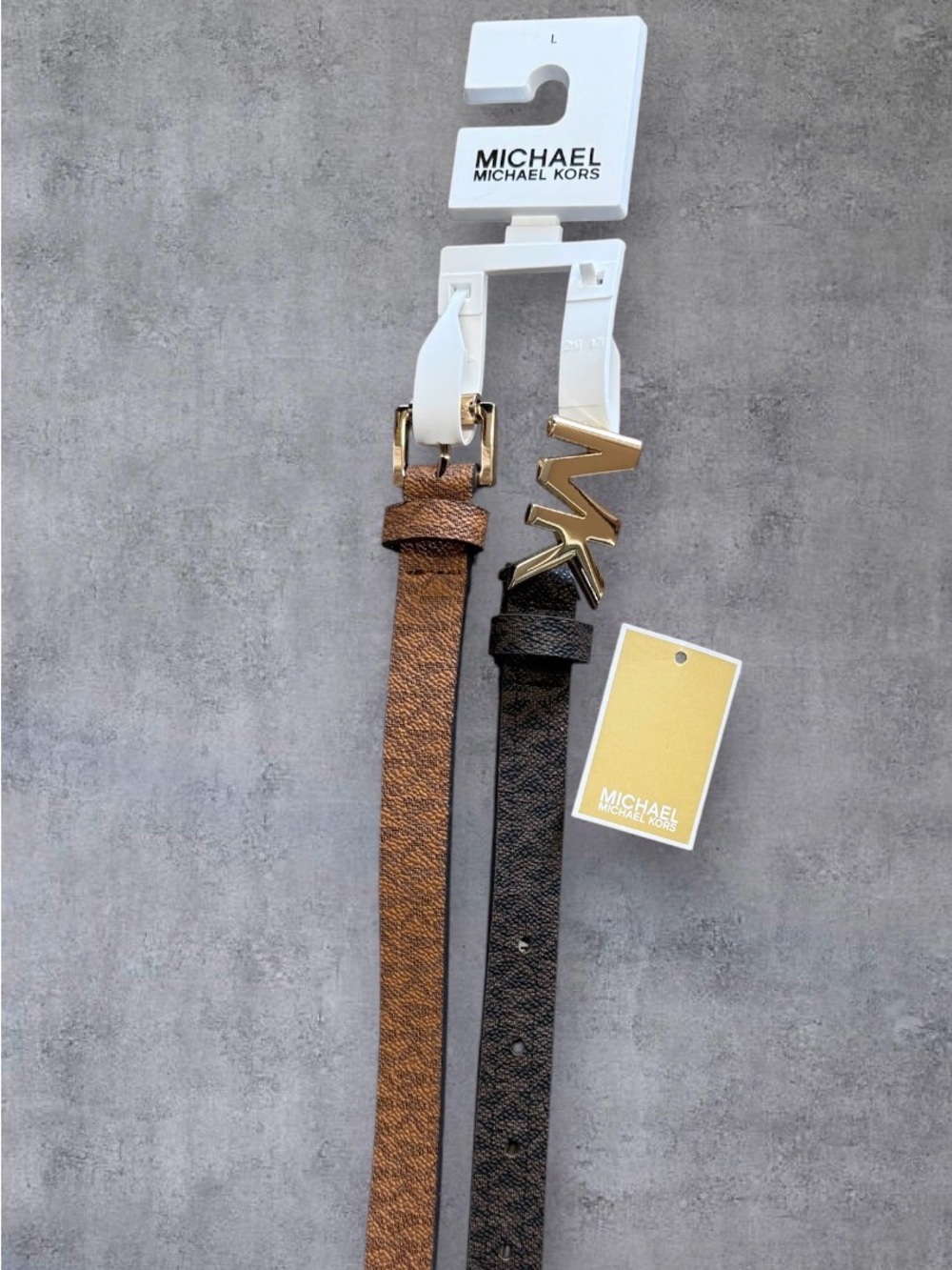 Michael Kors Two-Tone Brown Logo Belt with Gold Buckle - Picture 2 of 3
